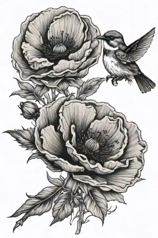 poppy flowers with sparrow, humming bird, tattoo design idea