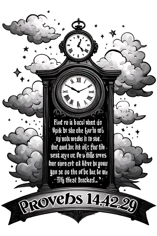 bible verse Proverbs 14:29 written out with the verse name under it  with a clock on top and half clouds and stars on th tattoo design idea