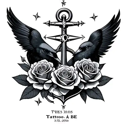 roses, crow, compass, anchor, stars above and the date tattoo design idea