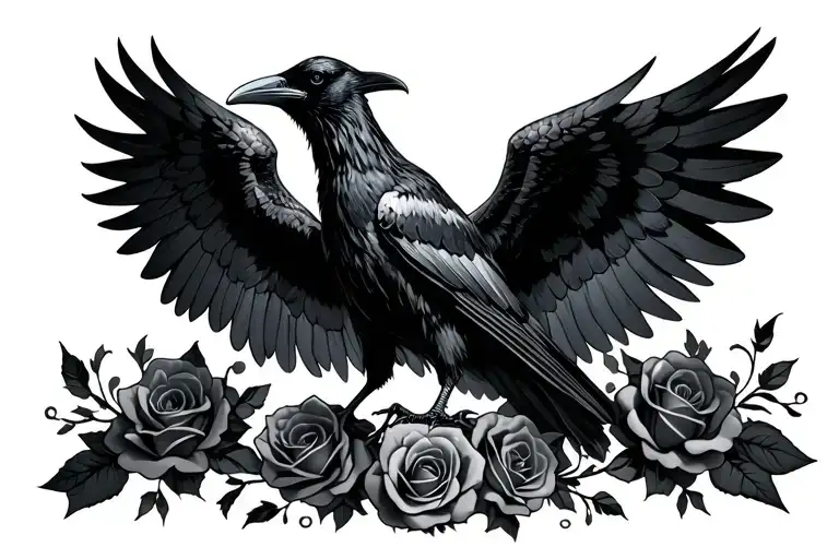raven with spread wings dark with roses and skulls  tattoo design idea
