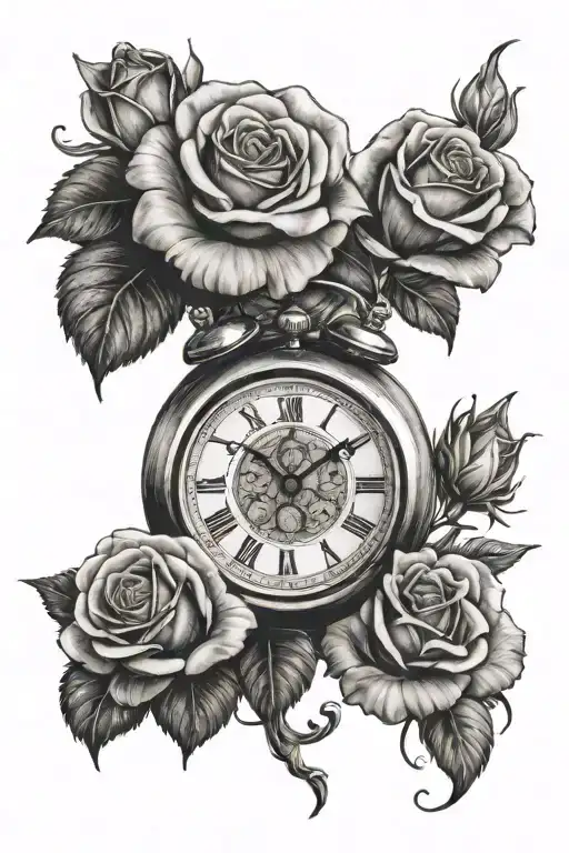 Roses with clocks and lions head tattoo design idea