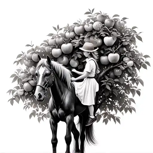 little girl climbing an apple tree to get onto a horse tattoo design idea