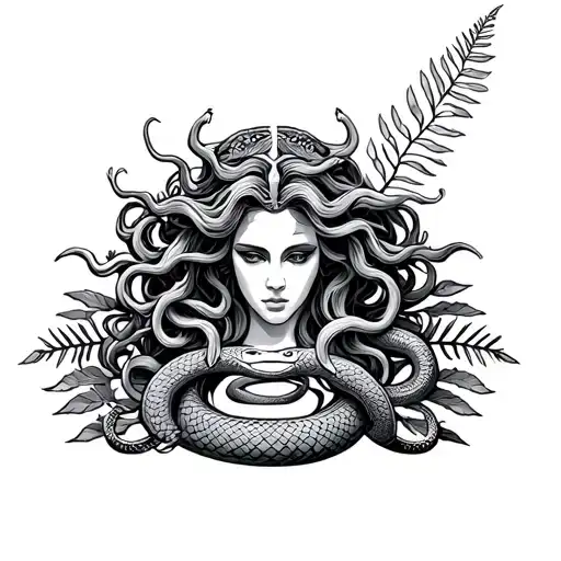 Medusa Gargon and the sign of the zodiac Libra with a snake with a fern tattoo design idea