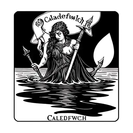 Laady of the Lake's arm catching excalibur in the water styled as a tarot card, with the banner "Caledfwlch" tattoo design idea