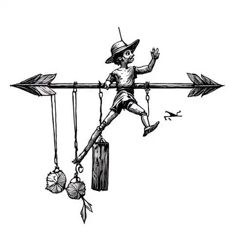 weathervane with marionette puppet hanging from the arrows tattoo design idea