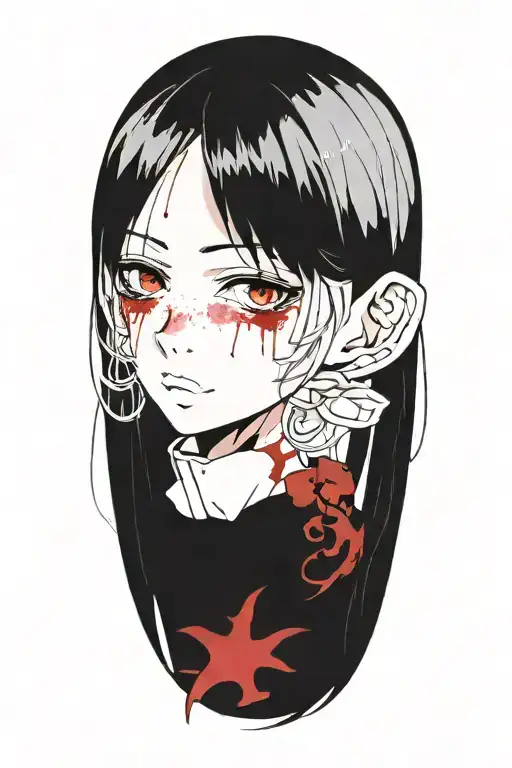 Dark Souls with hair with pigtails with blood on face Shoulder portrait tattoo design idea