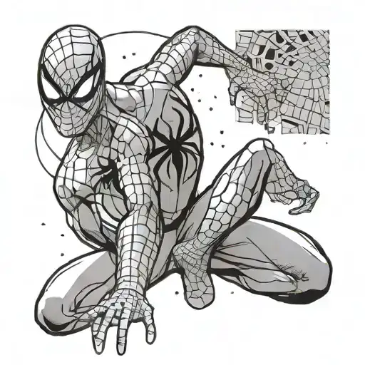 Illustrate Spider-Man in a stylized comic book panel with bold lines and shading tattoo design idea