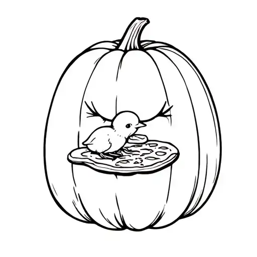 pumpkin with a baby chick eating pizza tattoo design idea