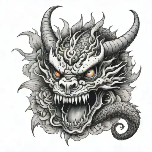Japanese dragon sitting on a skull tattoo design idea