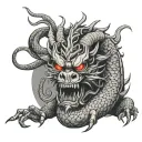 Japanese dragon sitting on a skull tattoo design idea