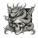 Japanese dragon sitting on a skull tattoo design idea