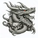 Japanese dragon sitting on a skull tattoo design idea