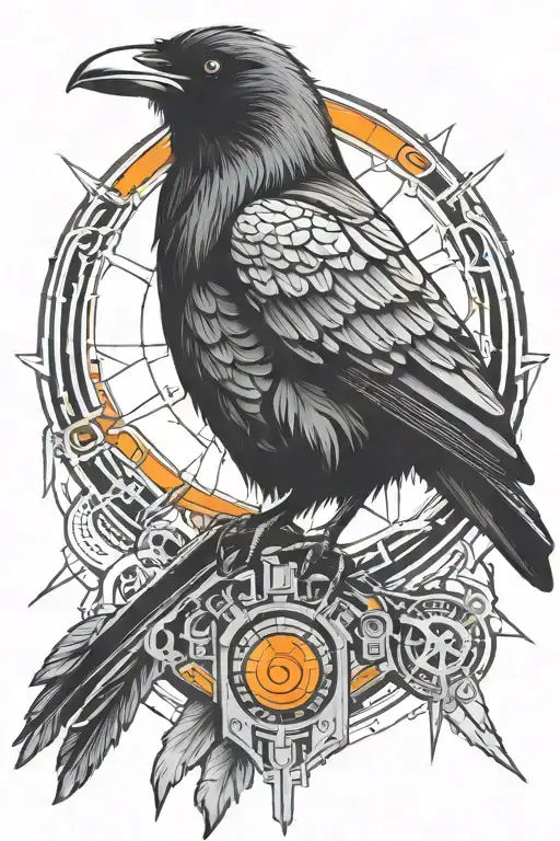 cyberpunk raven with orange eyes tattoo design idea