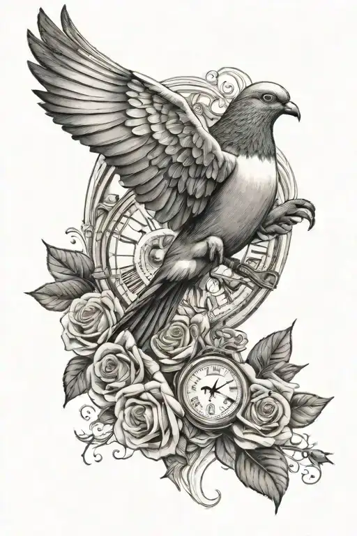 pigeon flying, rose, half sleeve, men, clock tattoo design idea