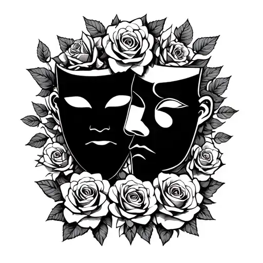 happy and sad drama masks with roses surrounding tattoo design idea