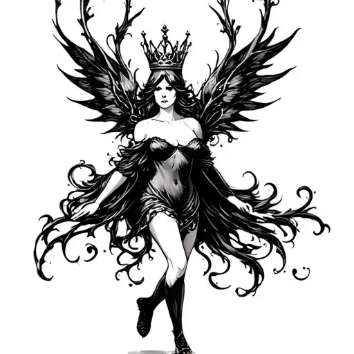 bbw nymph gracefully walking with crown tattoo design idea
