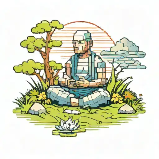 A pixelated video game character meditating in a tranquil field tattoo design idea