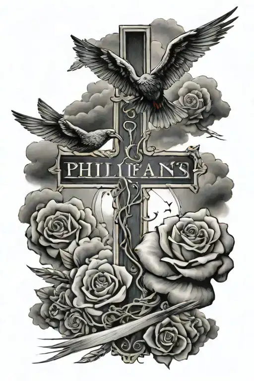 philipians 4: 13 bible verse written half sleeve clouds in the back 3 crosses and a bird tattoo design idea