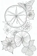 sand dollar, hydrangeas, honey suckles, dove, pretty, sparkly tattoo design idea