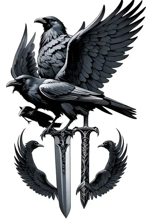 2pair of cybercigilism wings decided by a long sword with a perched crow on the hilt and another crow flying around tattoo design idea