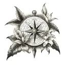 compass, lilies, ampoule with falling sand, 1971, rays of light, and the eagle in the mountains tattoo design idea