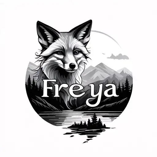 "Freya" a minimalistic romantic tattoo of my girlfriend name can be low poly but something with beautiful landscapes or a fox tattoo design idea