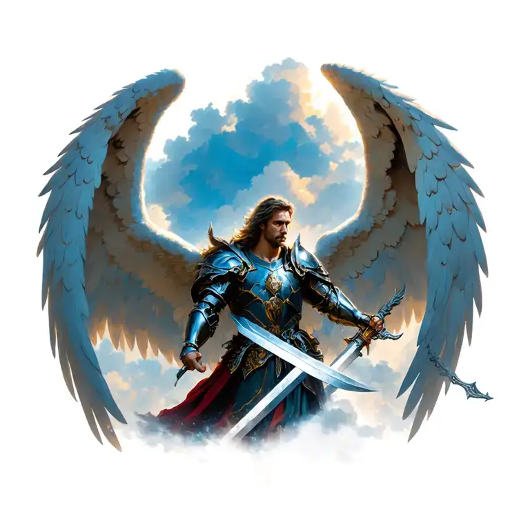 Archangel Miguel descending from the sky with huge wings opened with armor and angelic sword in his hand tattoo design idea