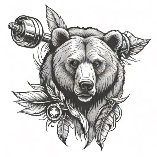 bear head holding barbell surrounded by 3 feathers tattoo design idea