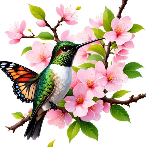cherry blossom flowers and branches with hummingbird on branch and a butterfly  tattoo design idea