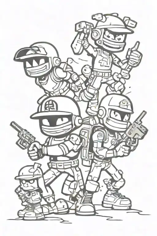 early 2000s cartoon characters from Cartoon Network and Nickelodeon having a war against each other tattoo design idea