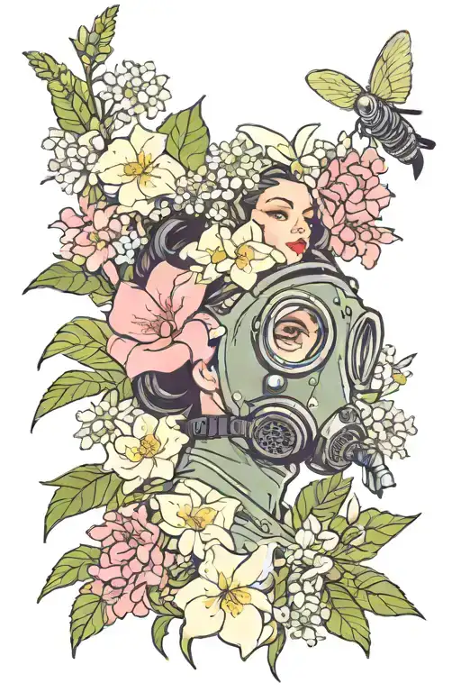 oleanders, jasmine,female figure with gas mask,chamomile,bougainvillea, night primrose, colorful, ladybug, cicada, olive tattoo design idea