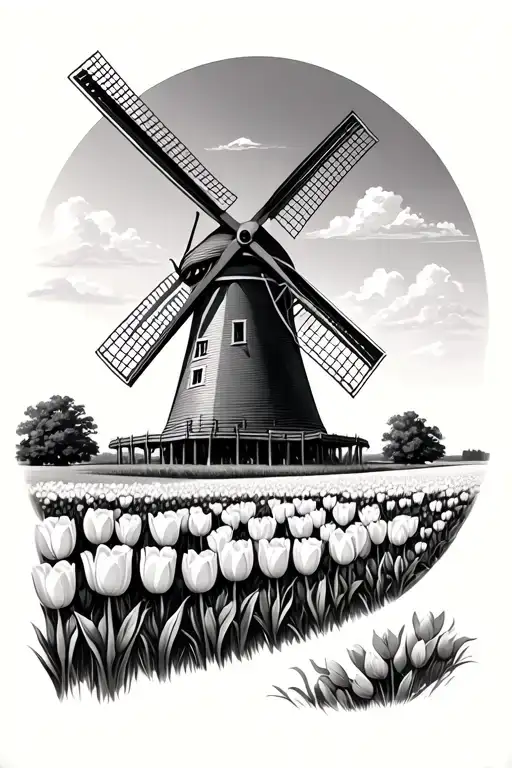 Dutch windmill and tulip field  tattoo design idea