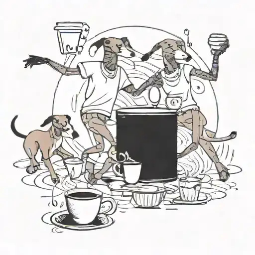 A playful scene of kids dancing to music played by a drumming greyhound, with coffee cups scattered around and fashion items in the background tattoo design idea
