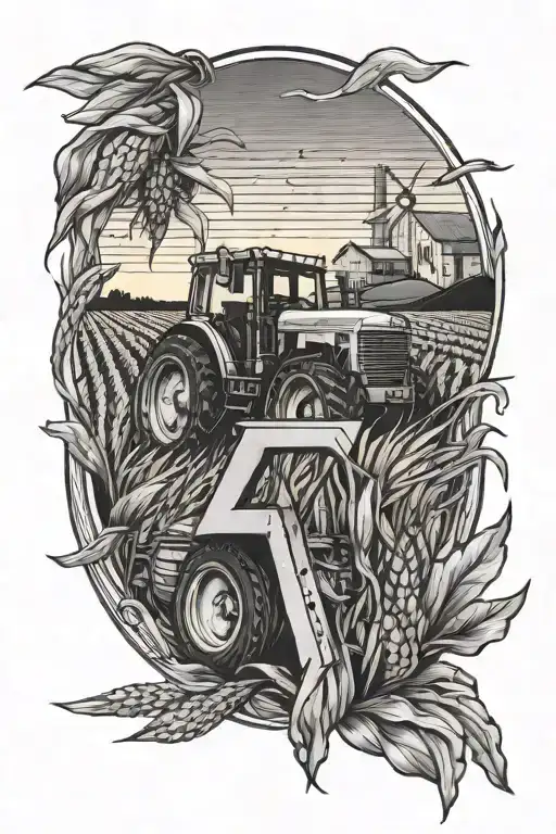 The letter F with corn fields and tractors and sunset inside of it. tattoo design idea