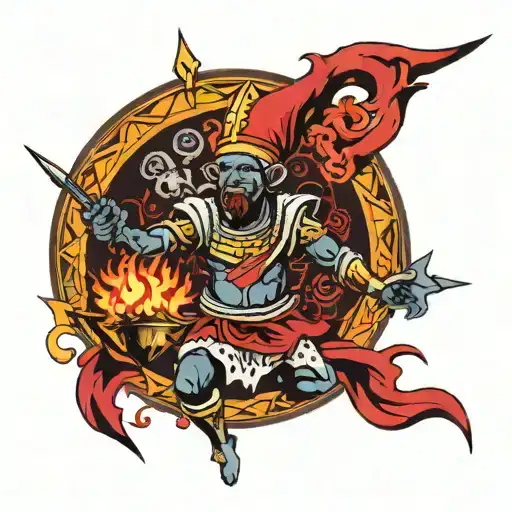 african medieval jester juggling flaming hearts and swords with an 8 pointed annunaki star above tattoo design idea