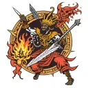 african medieval jester juggling flaming hearts and swords with an 8 pointed annunaki star above tattoo design idea