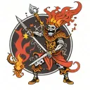 african medieval jester juggling flaming hearts and swords with an 8 pointed annunaki star above tattoo design idea