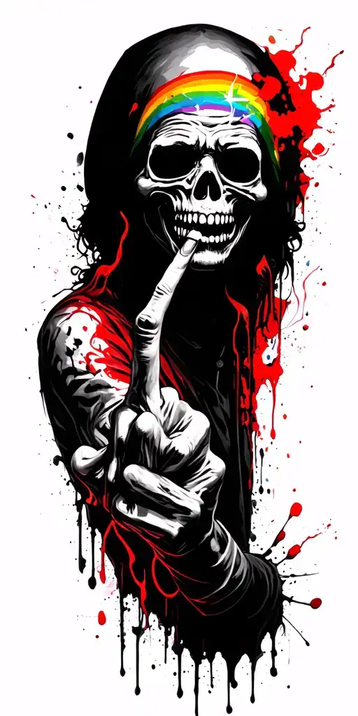 the grim reeper smoking a joint, whilst he's pissing a rainbow, and sticking his (rude finger) middle finger up  tattoo design idea