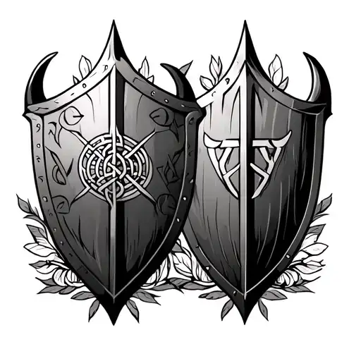 two Viking shields on each one have the runes for othala and tyr. Around the shields have floral elements& knotwork tattoo design idea