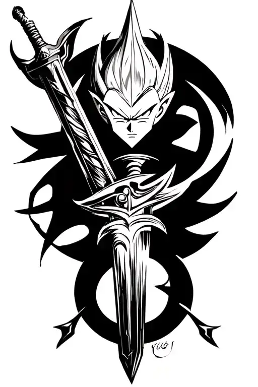 Majin symbol from  dragon ball Z, solo leveling igris sword and his head on top of it, YU GI OH millennium ring tattoo design idea