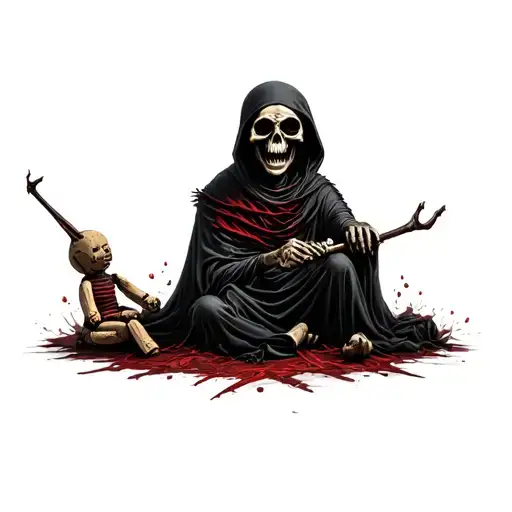 Grim Reaper surrounded by a hateful voodoo doll tattoo design idea