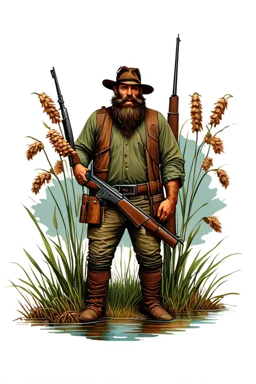 bearded mountain man with rifle standing next to cattail swamp tattoo design idea