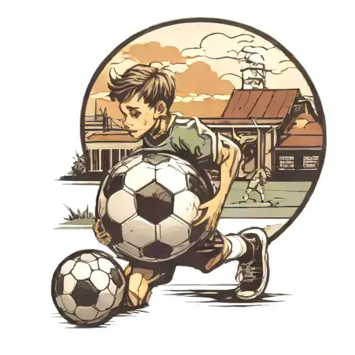 kid holding soccer ball looking towards the soccer field tattoo tattoo design idea