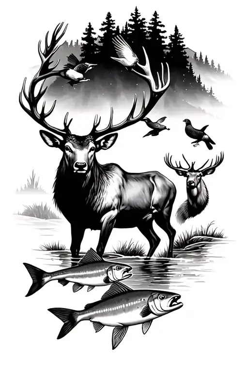 elk and deer with quail and trout jumping tattoo design idea