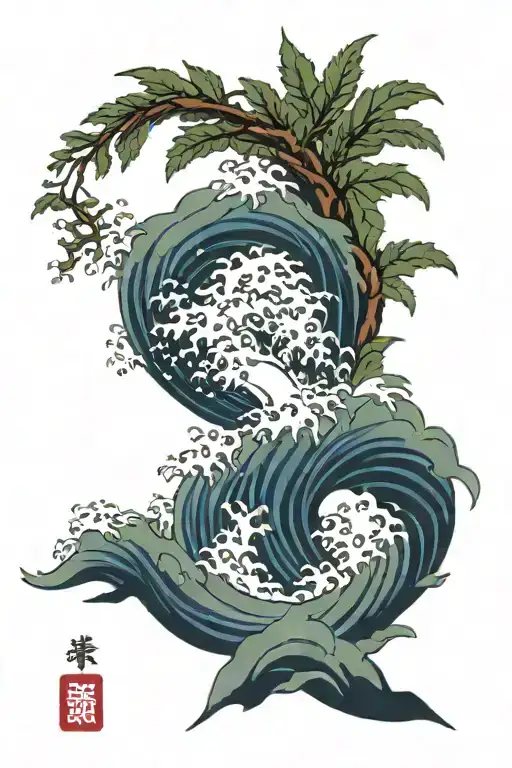 Kanagawa great wave, fern leaf tattoo design idea