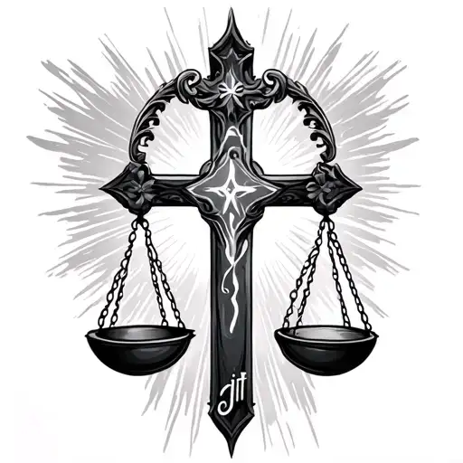 Cross and balance of justice that says "faith" tattoo design idea