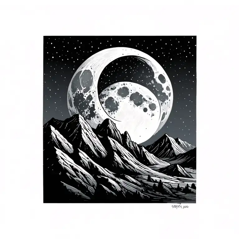 waxing gibbous moon phase with rocky mountains fine line minimalist  tattoo design idea
