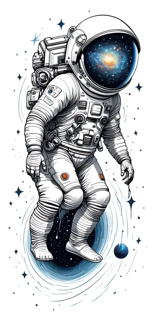 Andromeda galaxy with stars and astronaut getting pulled into a black hole tattoo design idea