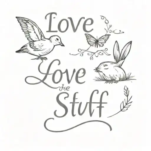 'love is the stuff that will endure, beyond the years of fragile flesh' script with a rabbit, a butterfly and two geese tattoo design idea