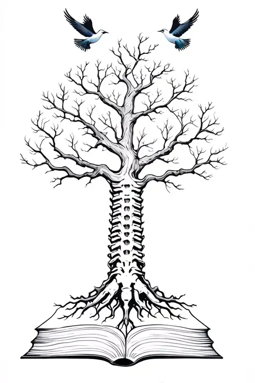 spine tattoo of oak tree at the top with roots, books, doves minimalist  tattoo design idea